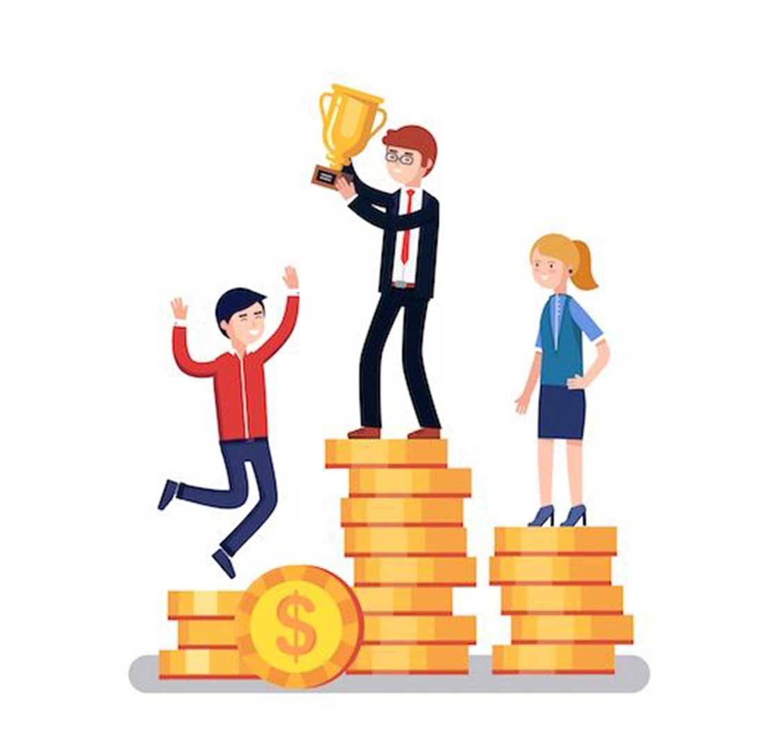 Illustration of business people on stacked coins celebrating with a trophy, representing sales contests and performance rewards by Best Payment Solutions
